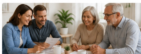 Adults and older family members reviewing information together during a calm planning conversation.