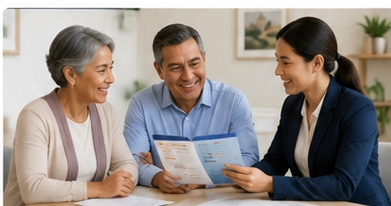 A consultant reviewing planning information with a couple, illustrating education and enrollment assistance.